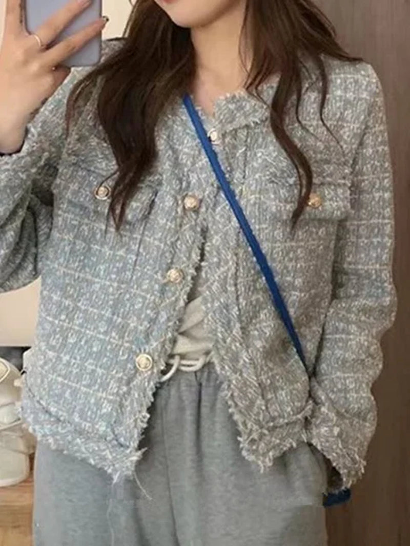 New Fashion Korean Chic Vintage Tweed Woolen Jacket Coat Women Autumn Single Breasted Plaid Tassel Office Lady Outwear