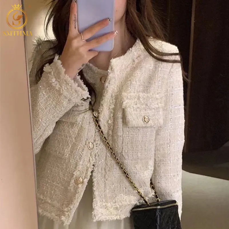 New Fashion Korean Chic Vintage Tweed Woolen Jacket Coat Women Autumn Single Breasted Plaid Tassel Office Lady Outwear