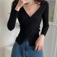 New Spring Summer Women Rib-Knit Stretchable Sexy V Neck Asymmetrical Hem Sweater Pull Femme Knitted Pullovers Y2K Jersey Tops