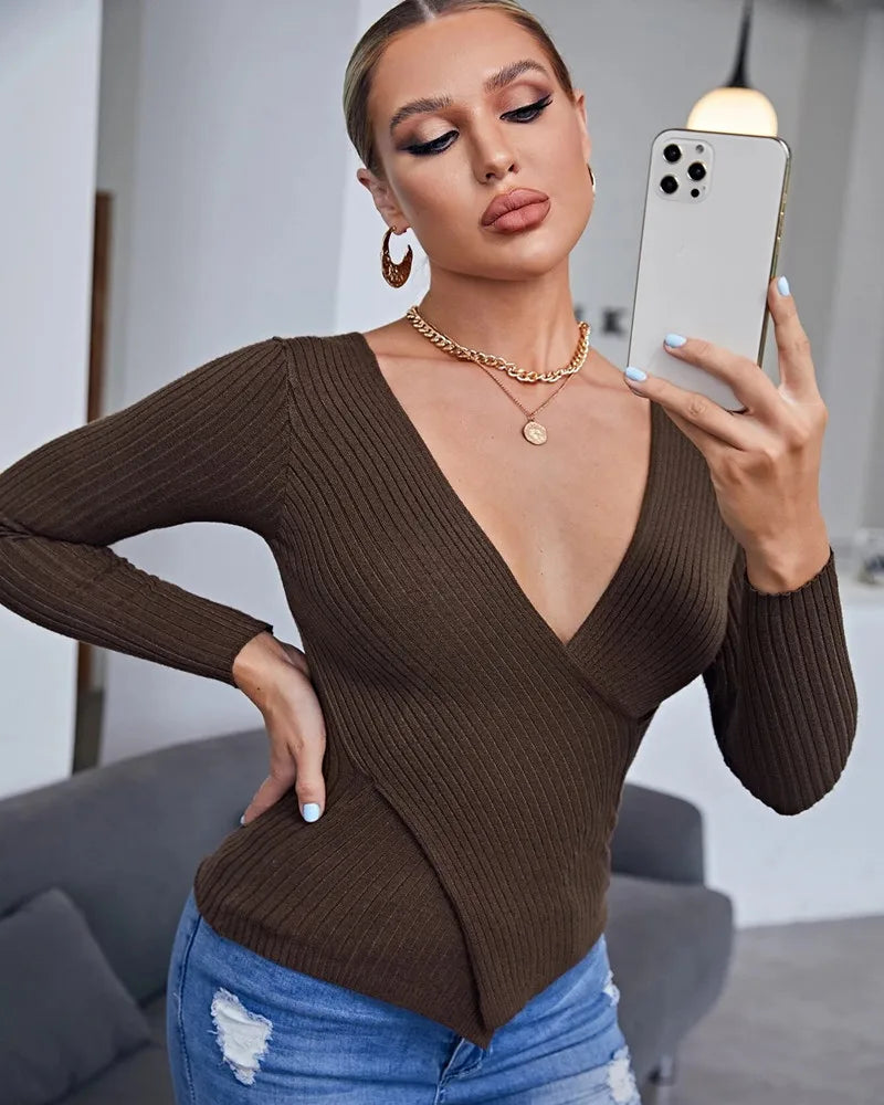 New Spring Summer Women Rib-Knit Stretchable Sexy V Neck Asymmetrical Hem Sweater Pull Femme Knitted Pullovers Y2K Jersey Tops