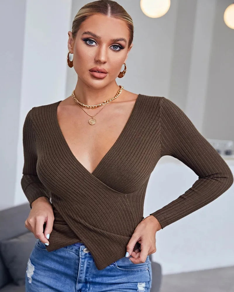 New Spring Summer Women Rib-Knit Stretchable Sexy V Neck Asymmetrical Hem Sweater Pull Femme Knitted Pullovers Y2K Jersey Tops