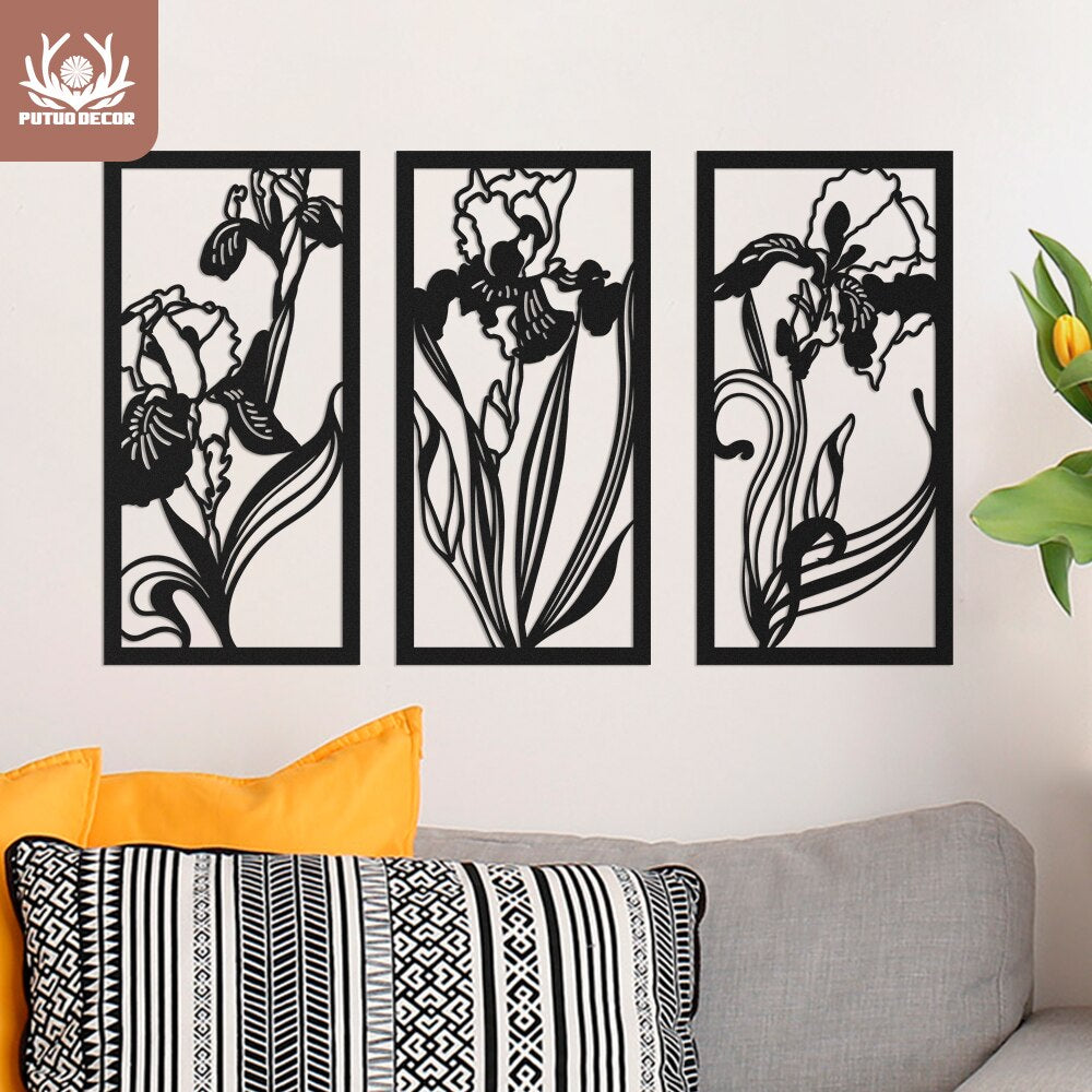 Putuo Decor Iris Flower 3 Panels Wooden Wall Art Garden Wood Hangings Plant Sculpture Painting Decor for Bedroom Home Decoration