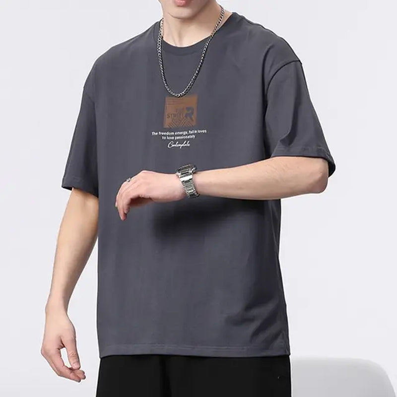 Men'S Clothing Short Sleeve Generous Printing Simplicity Handsome round Neck Pullovers Loose Solid Color Fashion Casual T-Shirts