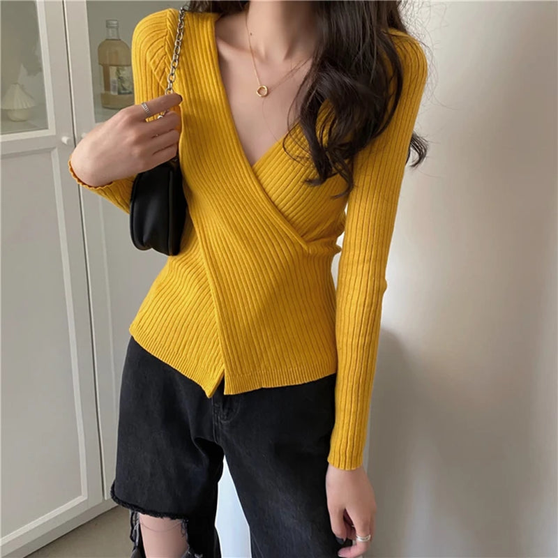 New Spring Summer Women Rib-Knit Stretchable Sexy V Neck Asymmetrical Hem Sweater Pull Femme Knitted Pullovers Y2K Jersey Tops