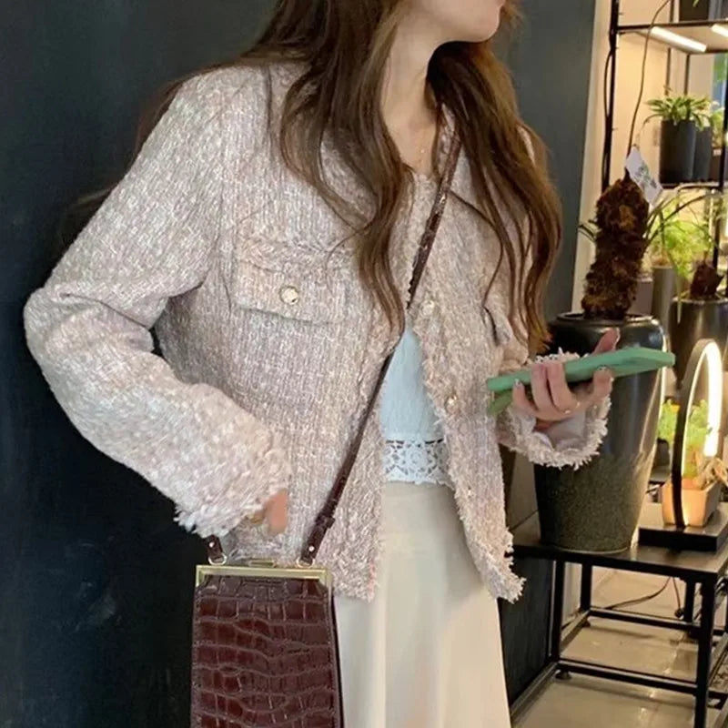 New Fashion Korean Chic Vintage Tweed Woolen Jacket Coat Women Autumn Single Breasted Plaid Tassel Office Lady Outwear