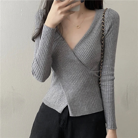 New Spring Summer Women Rib-Knit Stretchable Sexy V Neck Asymmetrical Hem Sweater Pull Femme Knitted Pullovers Y2K Jersey Tops