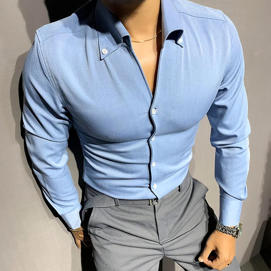 Trend Brand Fashion Korean Solid Color Shirt Men 2021 British Windsor Collar Long Sleeve Shirt Men Business Slim Fit Shirt Dress